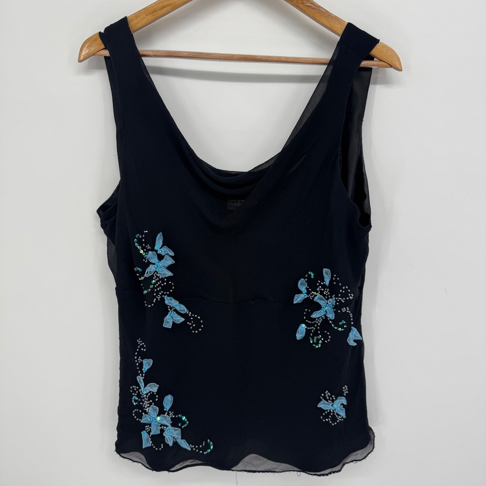 Ice Woman Silk Beaded Floral Top Women 20 Black Cowl Neck Y2K Whimsigoth Fairy